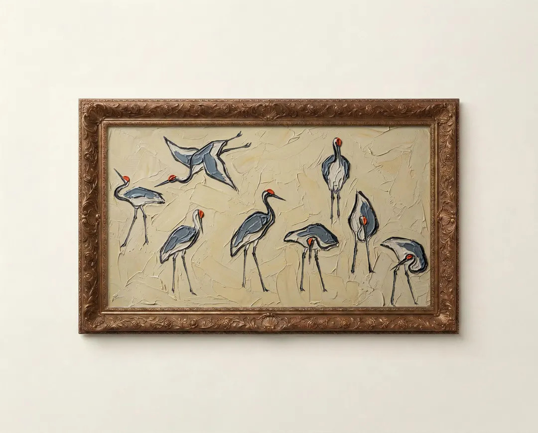 Frame TV Art Abstract Cranes Painting, Textured Neutral Modern Coastal Bird Screensaver - Etsy | Etsy (Global)