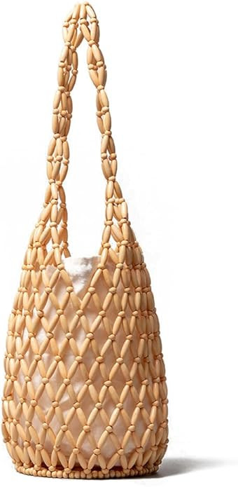 RomanticDesign Women Retro Wooden Handbag Woven Bead Tote Bag Hollow Out Beach Casual Bucket Purs... | Amazon (US)