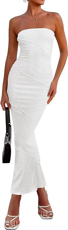PRETTYGARDEN Women's Ribbed Maxi Bodycon Dress Summer Strapless Tube Y2K Party Club Long Dresses | Amazon (US)