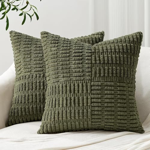 Topfinel Set of 2 Decorative Olive Green Throw Pillow Covers 20x20 Inch for Living Room Couch Sofa Bed Soft Corduroy Textured Striped Patchwork Farmhouse Boho Home Decor,Forest Green | Amazon (US)