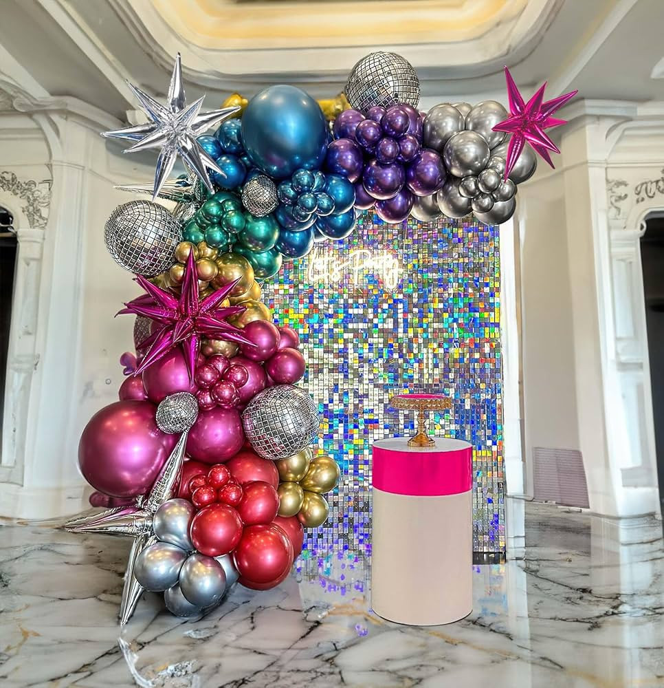Chrome Balloon garland Arch Kit 130pcs disco party decorations with Metallic purple teal red hot ... | Amazon (US)
