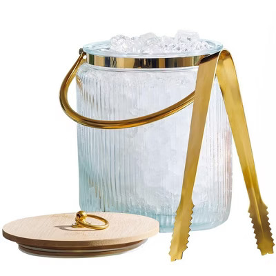 Le'raze Glass Ribbed Beverage Ice Bucket Tub with Airtight Lid, Gold/Bronze Ice Tong Scooper, and Handle - 3L. | Target