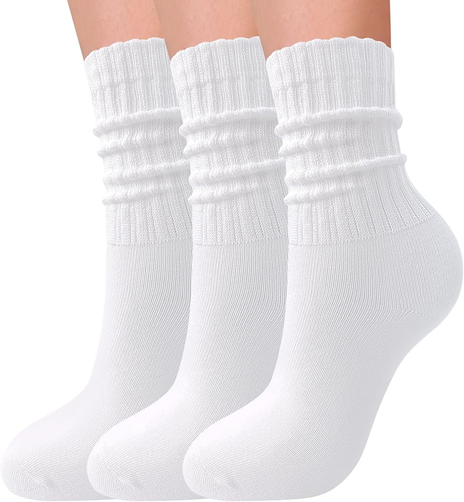 3 Pairs Slouch Socks for Women Soft Mid Calf Rib Scrunch Crew Tube Socks | Amazon (US)