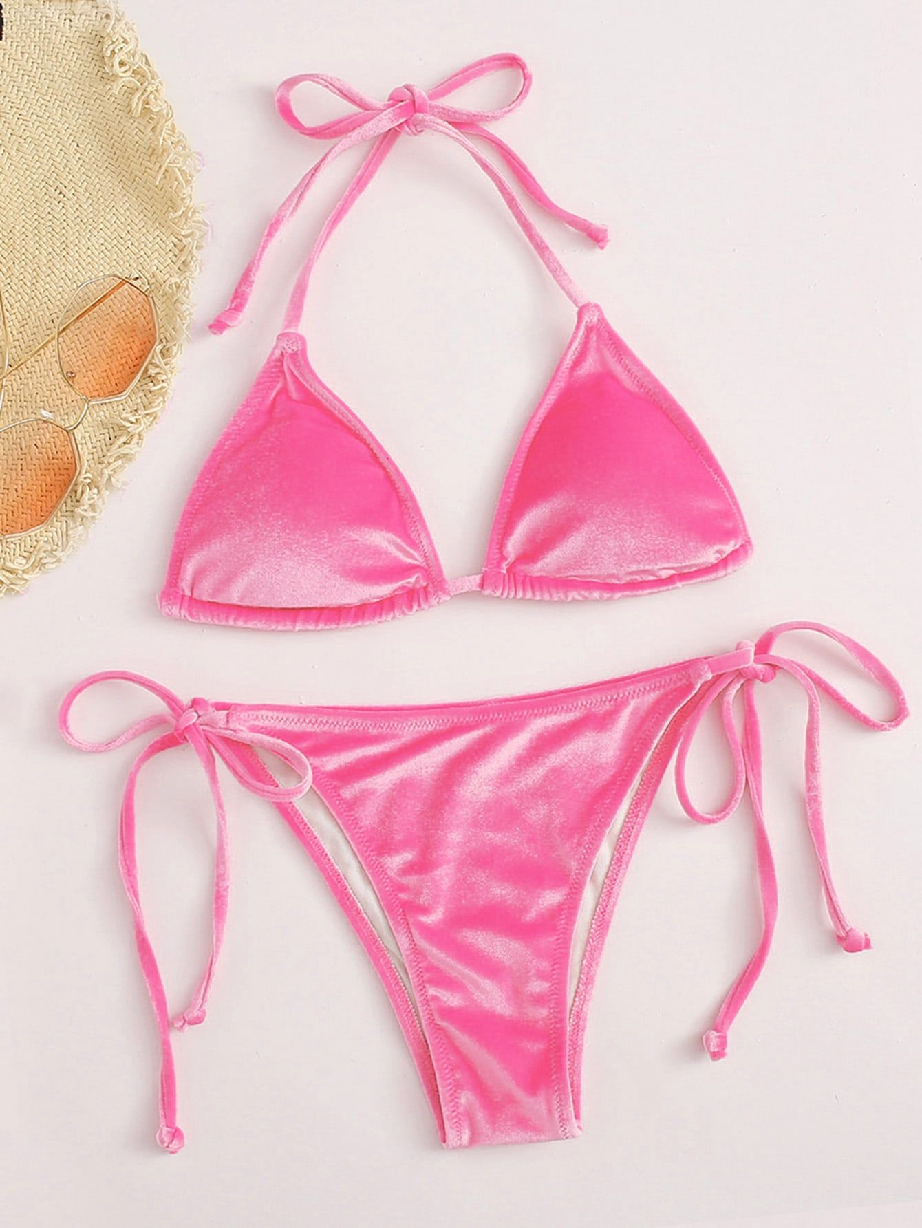 Velvet Triangle Tie Side Bikini Swimsuit | SHEIN