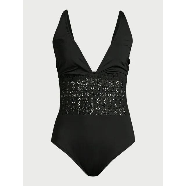 Time and Tru Women's and Plus Black Crochet Plunge One Piece Swimsuit, Sizes S-3X | Walmart (US)