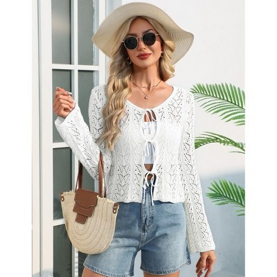 Women's V-Neck Sheer Cardigan - Long Sleeve Tie Front Lightweight Open Knit Sweater White L | Target