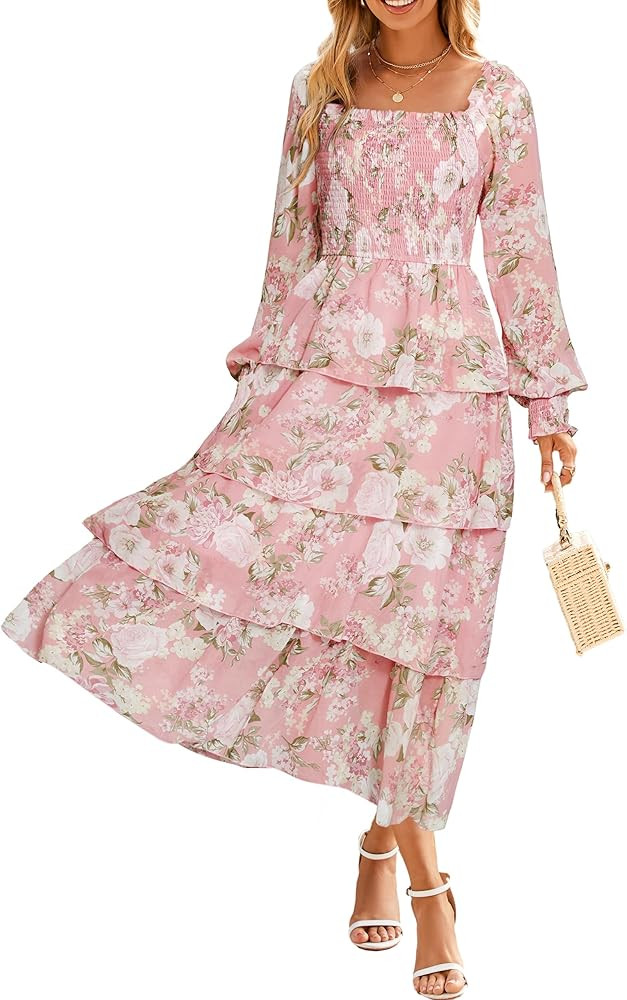 Simplee Womens Long Sleeve Floral Wedding Guest Dress Flowy Tiered Smocked Square Neck Fall Boho ... | Amazon (US)