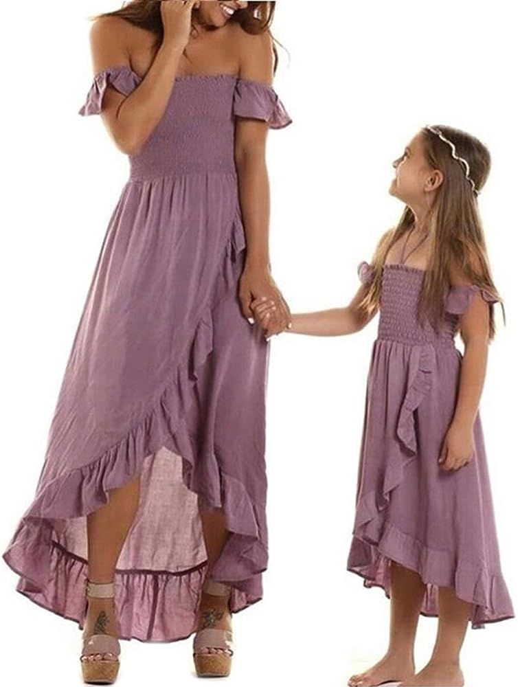 Matching Family Outfits Mommy and Me Dresses Off Shoulder High Waist Ruffle Splicing Maxi Dress for  | Amazon (US)