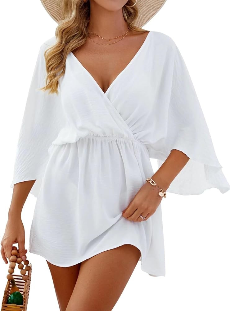 CiCiBird Women Sexy Bathing Suit Cover Up Swimsuit V Neck Coverup Dress Bikini Beach Tunic Top | Amazon (US)