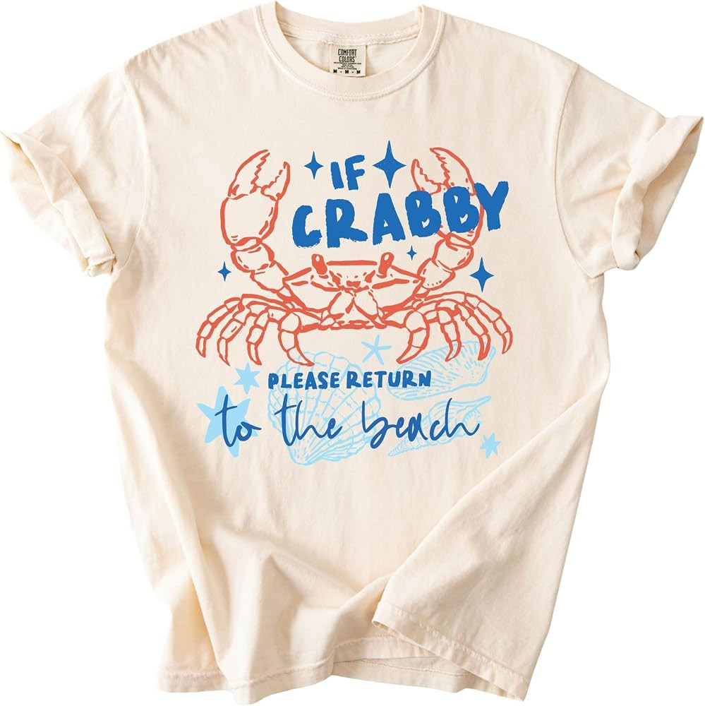 FITIN If Crabby Please Return to the Beach Garment-Dyed T-Shirt \u2013 Funny Coastal Summer Graph... | Amazon (US)