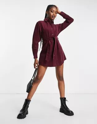ASOS DESIGN cord belted shirt dress in maroon | ASOS (Global)