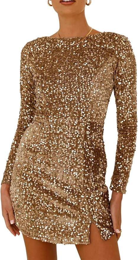 R.Vivimos Women's Sequin Bodycon Dress Fall Winter Velvet Warm Long Sleeve Crew Neck Sexy Backles... | Amazon (US)