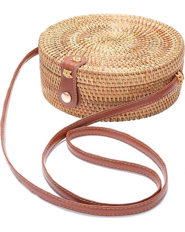 Handwoven Round Rattan Bag Shoulder Leather Straps Natural Chic Hand | Amazon (US)