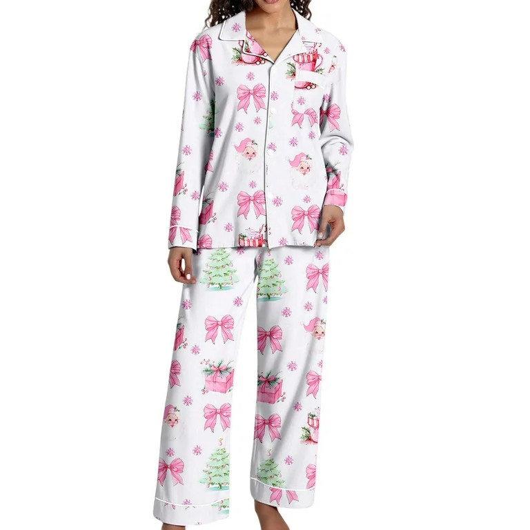 Christmas Pajamas 100% Cotton Womens Pajamas Set 2 Piece Soft Button-Down Xmas PJs Set Sleepwear ... | Walmart (US)