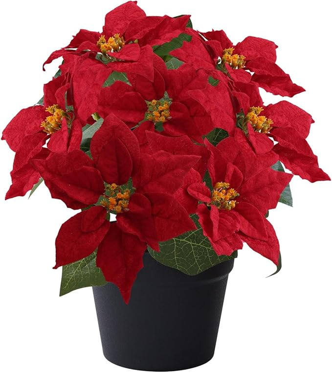 Poinsettia Artificial Christmas Flowers in Pot 9 Heads,15.7 Inch Large Fake Poinsettias Plants fo... | Amazon (US)