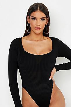 Square Neck Long Sleeve Jumbo Rib Bodysuit | Boohoo.com (US & CA)