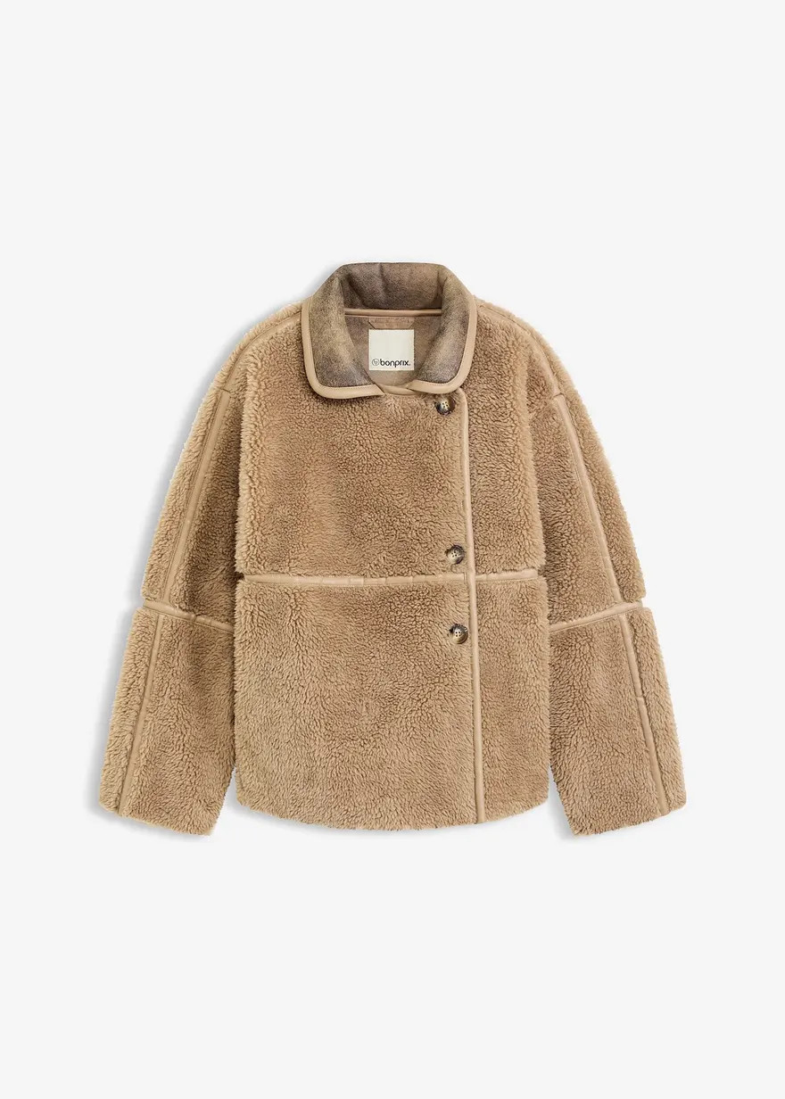 Weiche Jacke aus Teddyfell mit Paspel aus Lederimitat - beige | Bonprix DE