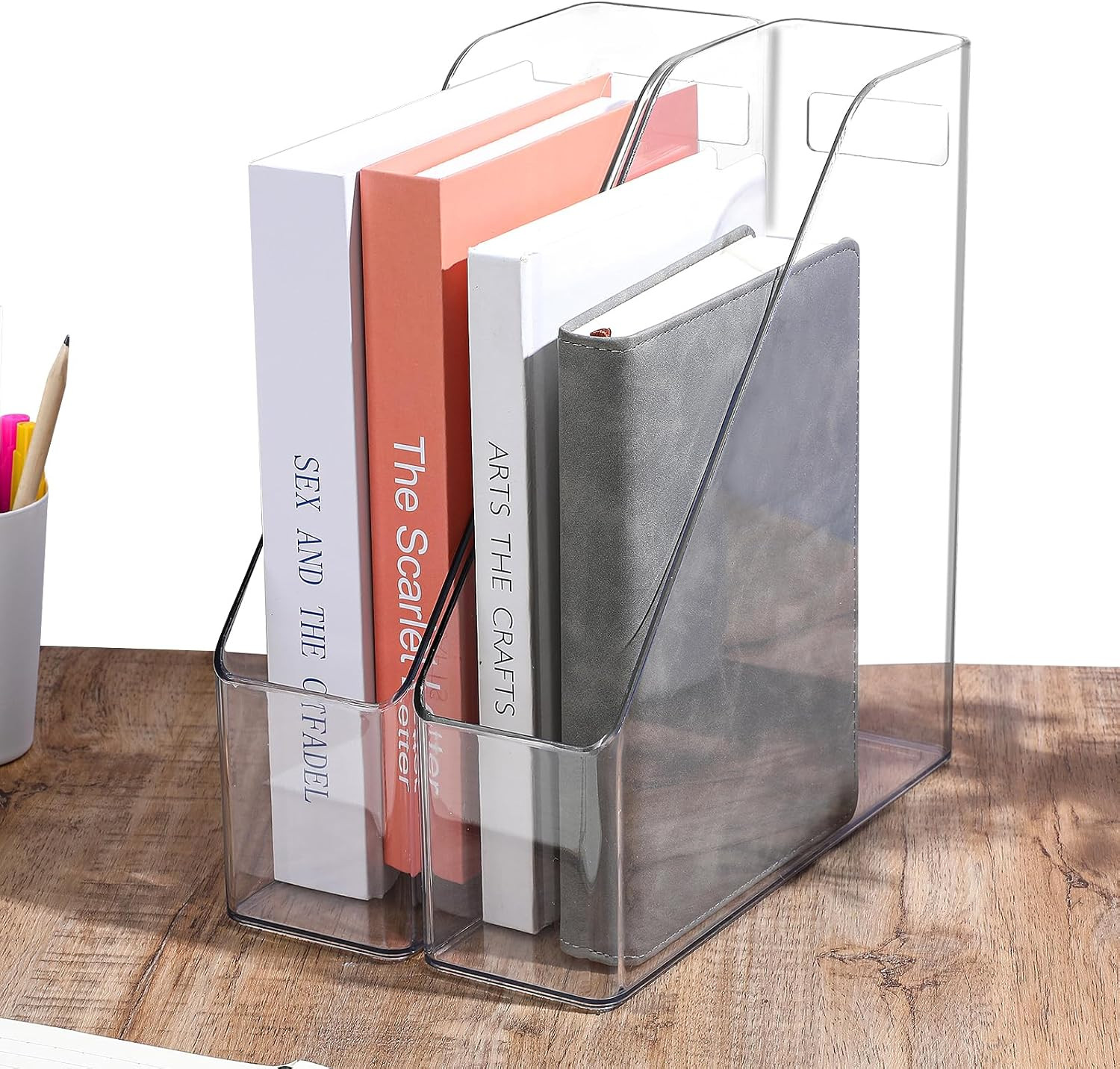 MAQUITA Magazine Holder, 2 Pack Acrylic Magazine File Holder,A4 Vertical File Organizer with Handle for Desk,Clear Document Rack File Folder Storage Bin | Amazon (US)