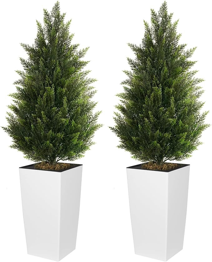 4FT Tall 2 Set Artificial Topiary Cedar Tree, Indoor Realistic Faux Cypress Plants with Square Fl... | Amazon (US)