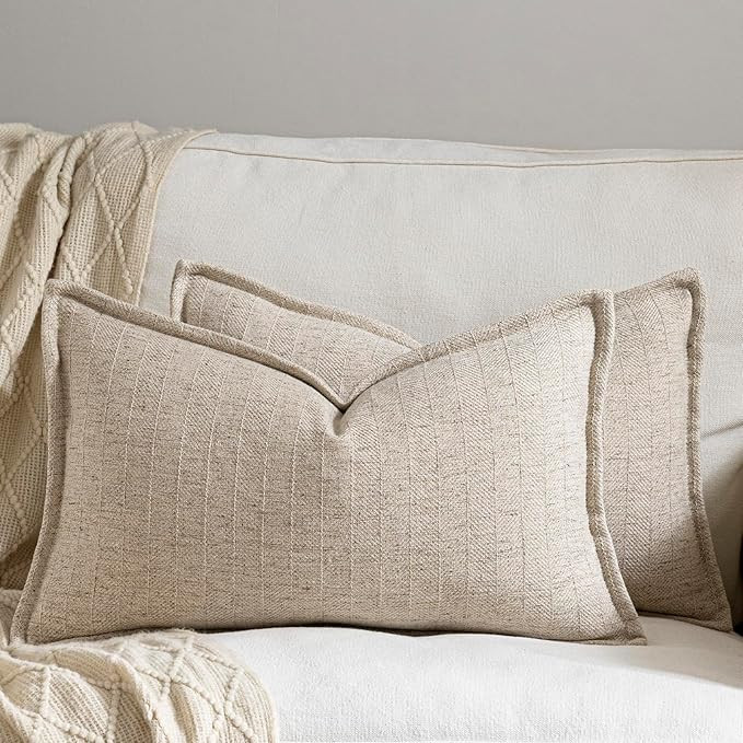 12x20 Linen Pillow Covers Natural Beige Pack of 2 Farmhouse Boho Neutral Accents Striped Textured... | Amazon (US)