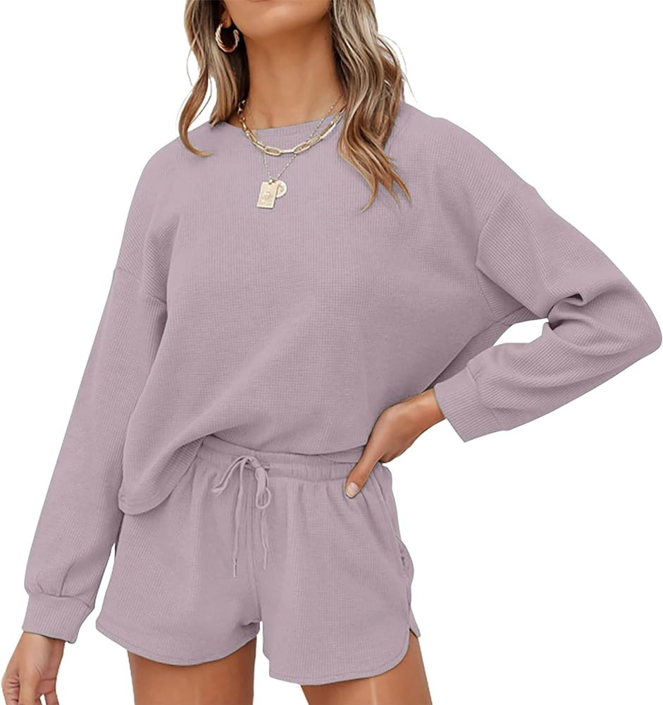 wkwmrpet Women's Waffle Knit Pjs Short Sleeve Top and Shorts Pullover Nightwear Lounge Pajama Set... | Amazon (CA)