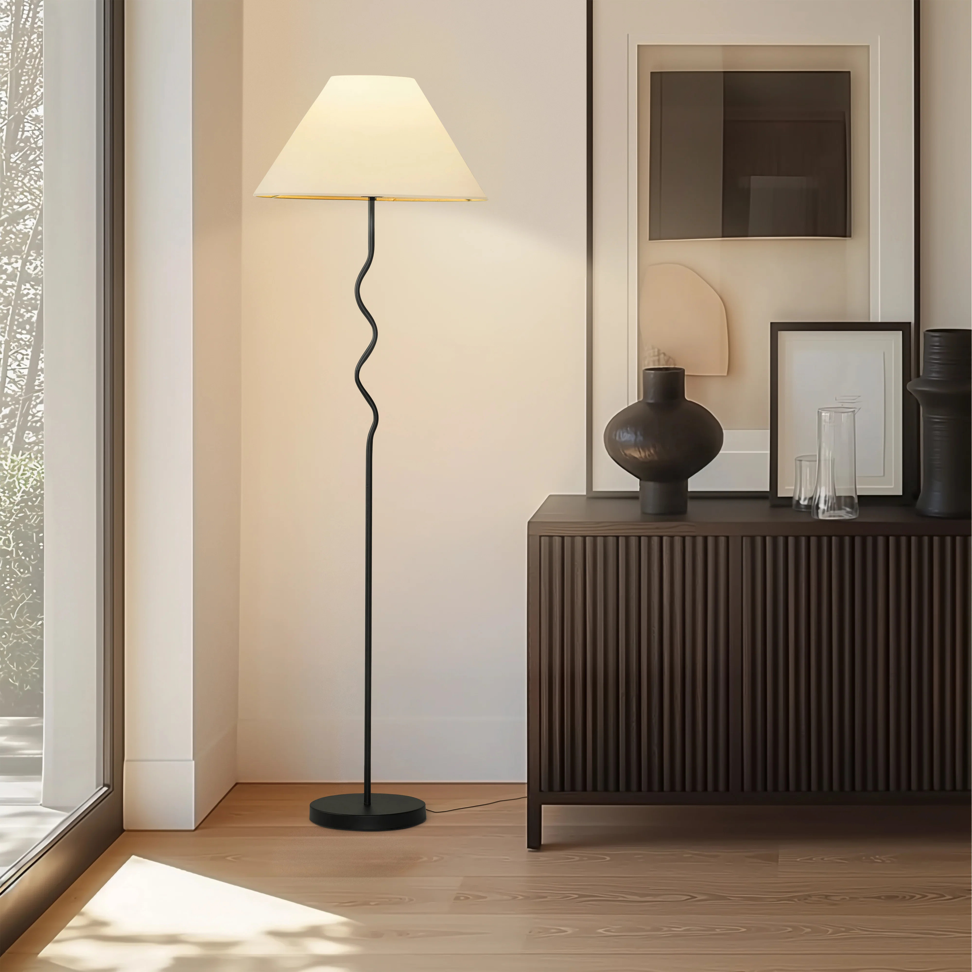 Squiggle 62" Modern LED Floor Lamp with Wavy Black Metal Base and Ivory Empire Shade, Bulb Includ... | Wayfair North America