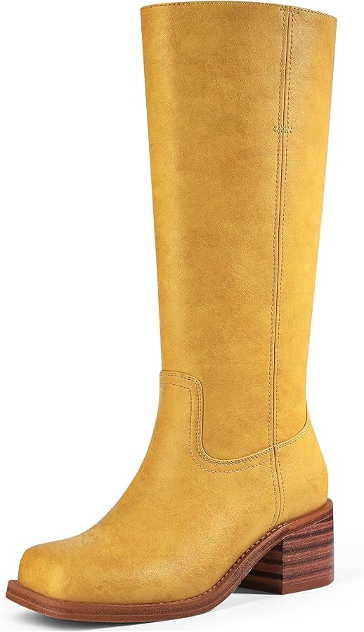 Amazon.com | MUCCCUTE Knee High Boots for Women Campus Boots Yellow Banana Square Toe Wide Calf T... | Amazon (US)
