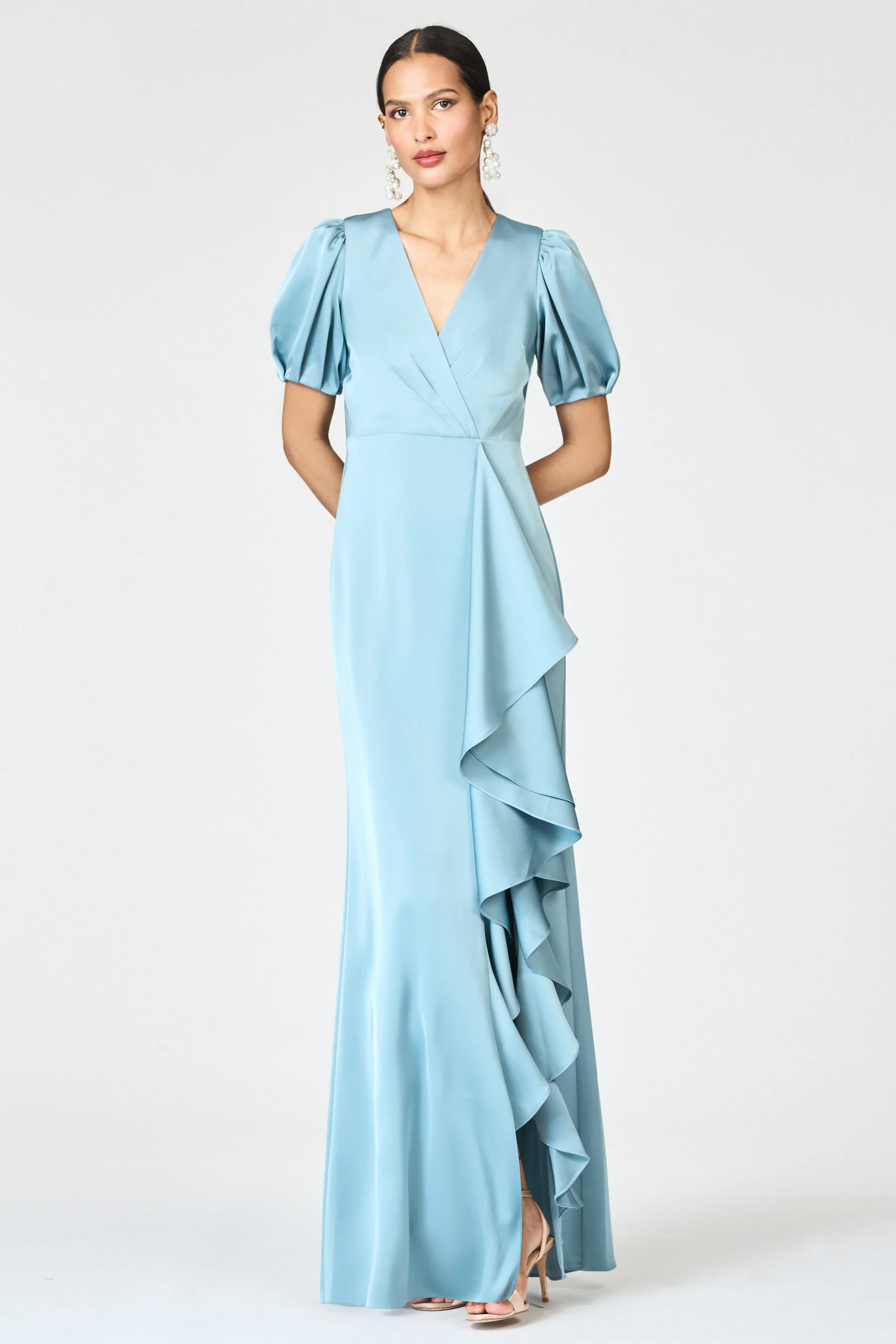 MILA SKY BLUE SATIN CREPE V NECK A-LINE GOWN | Sachin and Babi