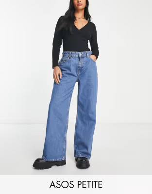 ASOS DESIGN Petite relaxed dad jeans in mid blue | ASOS (Global)