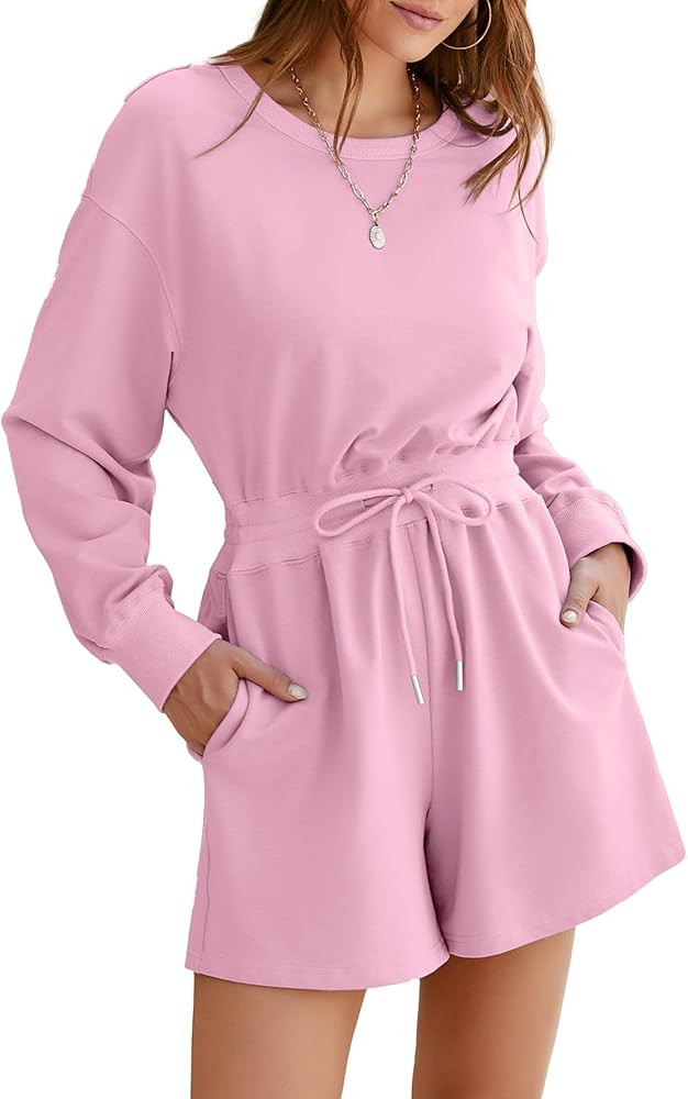 Glamaker Women's Long Sleeve Summer Romper Open Back Casual Loose Fit Crew Neck Drawstring Shorts... | Amazon (US)