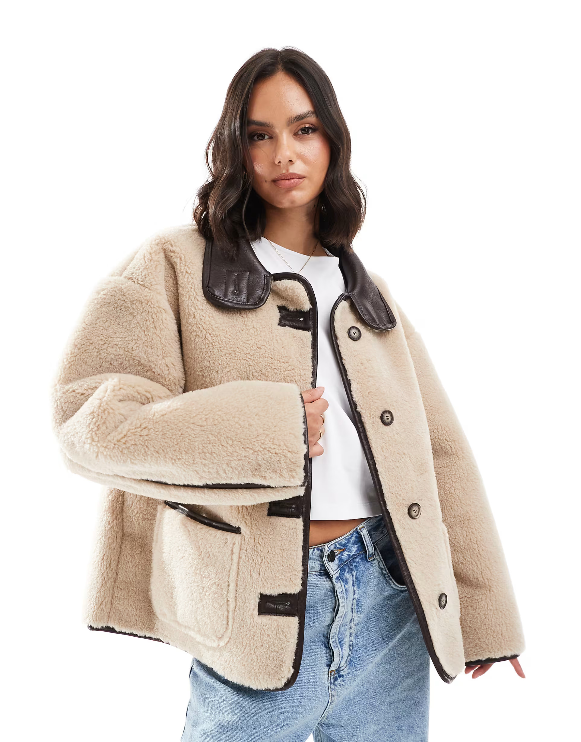 Miss Selfridge faux fur contrast jacket in cream | ASOS (Global)