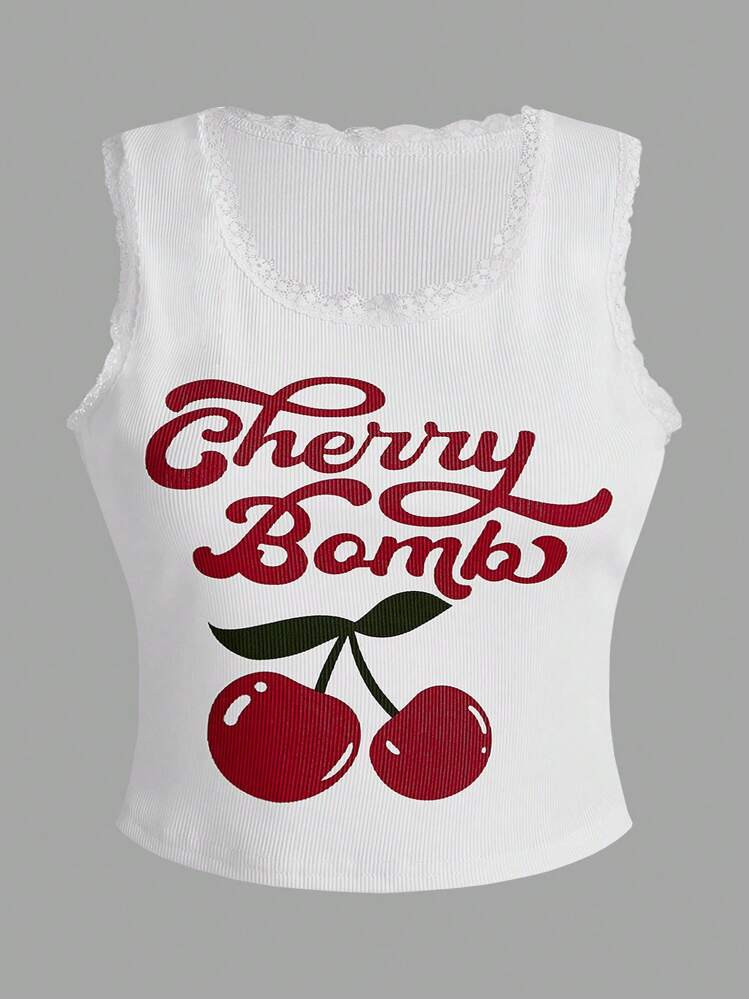 ROMWE Kawaii Plus Size Women's Letter & Cherry Printed Tank Top, Cherry Bomb For Summer | SHEIN
