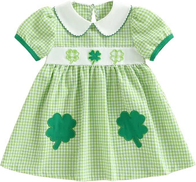 Toddler Girl St Patricks Day Outfit Cute Short Sleeve Plaid Clover Embroidery Baby Girls Green Dr... | Amazon (US)