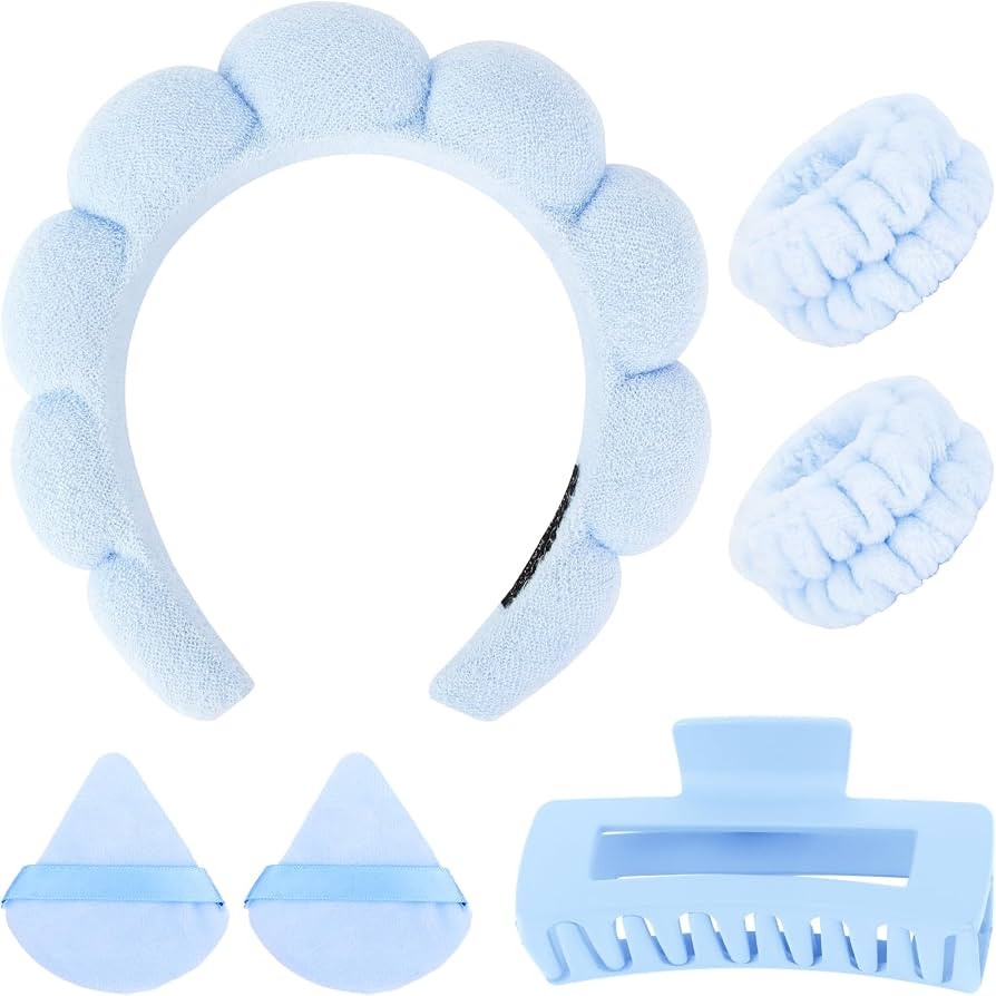 6Pcs Blue Spa Headband and Wrist Washbands Set, Skincare Headband Face Wash Headband Makeup Headb... | Amazon (US)