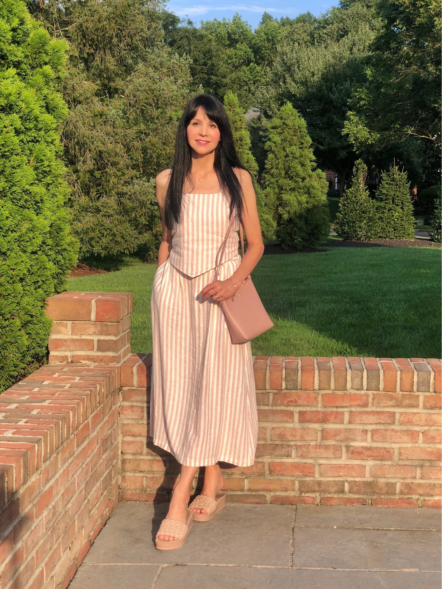 It seems like everyone is in fall mode already! Not me—summer doesn’t end until September 22 and I am holding on until then!
This linen skirt and top are perfect for August and beyond! So comfy and carefree, with side pockets in the skirt and removable straps for the top. The fabric is such a soft linen blend. Add a denim jacket or sweater for cooler days to come.
