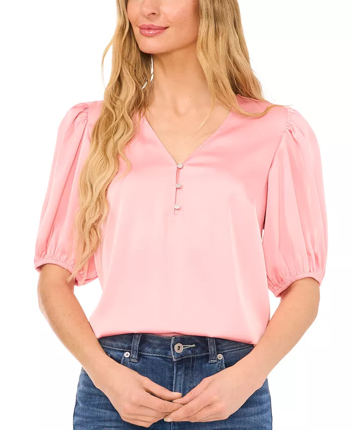 CeCe Women's Satin Beaded Button Puff Sleeve Blouse - Macy's | Macy's