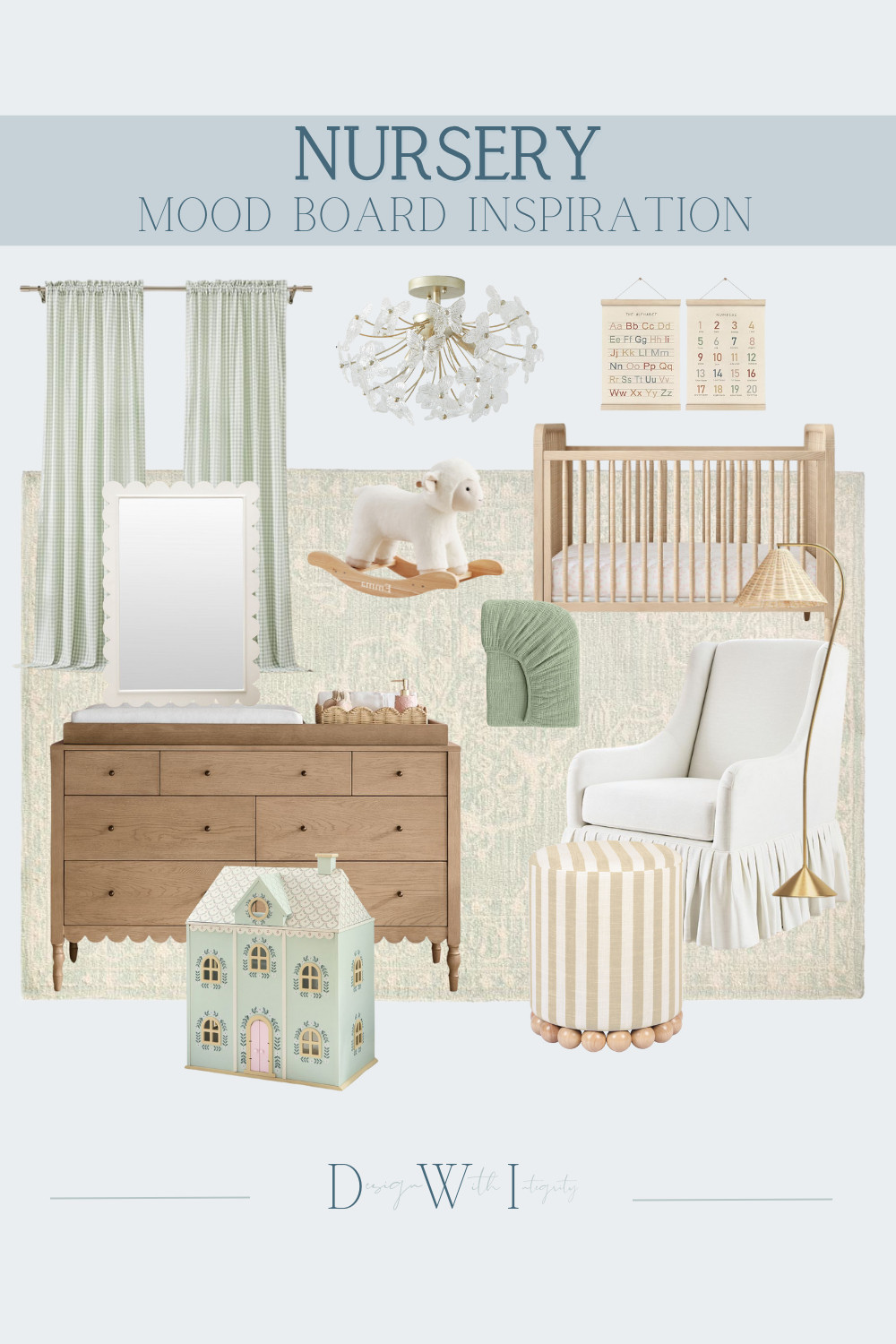 This nursery mood board layers soft sage tones, warm wood finishes, and delicate details for a space that feels timeless and inviting. The scalloped mirror and dresser add subtle character, while the natural wood crib grounds the palette with warmth. A tailored glider with skirted base and striped ottoman introduce texture and comfort, and soft brass lighting adds a refined touch. Every piece was selected to create a nursery that feels calm, cohesive, and designed to grow beautifully over time. Tap through to shop the curated nursery furniture, lighting, and decor selections.

#nurseryinspiration
#nurserydesign
#neutralnursery
nursery mood board
sage green nursery
neutral nursery design
wood crib
scalloped mirror
nursery glider
striped ottoman
baby room decor 

 #LTKHome
