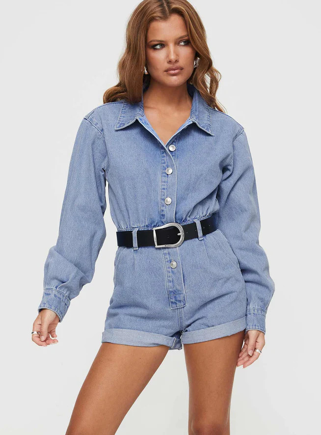 Eisman Long Sleeve Denim Romper Blue | Princess Polly US