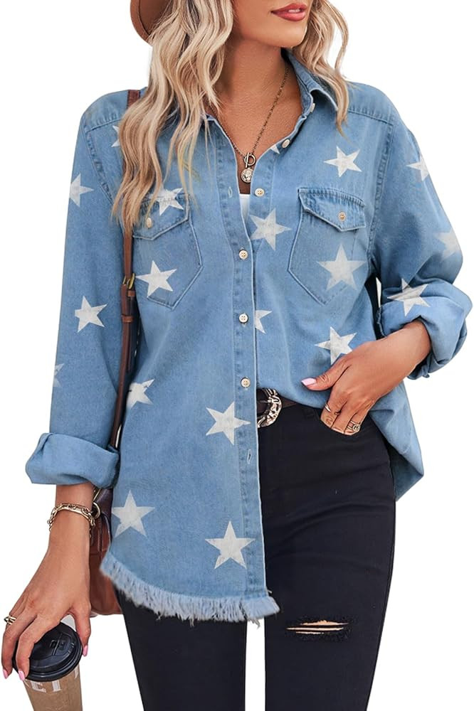 Zilcremo Women Denim Shirt Chambray Collared Jean Shirts Long Sleeve Pocket Button Down Blouses | Amazon (US)