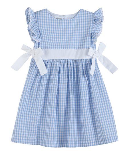 Lil Cactus Light Blue Gingham Bow-Accent Angel-Sleeve Dress - Infant, Toddler & Girls | Zulily