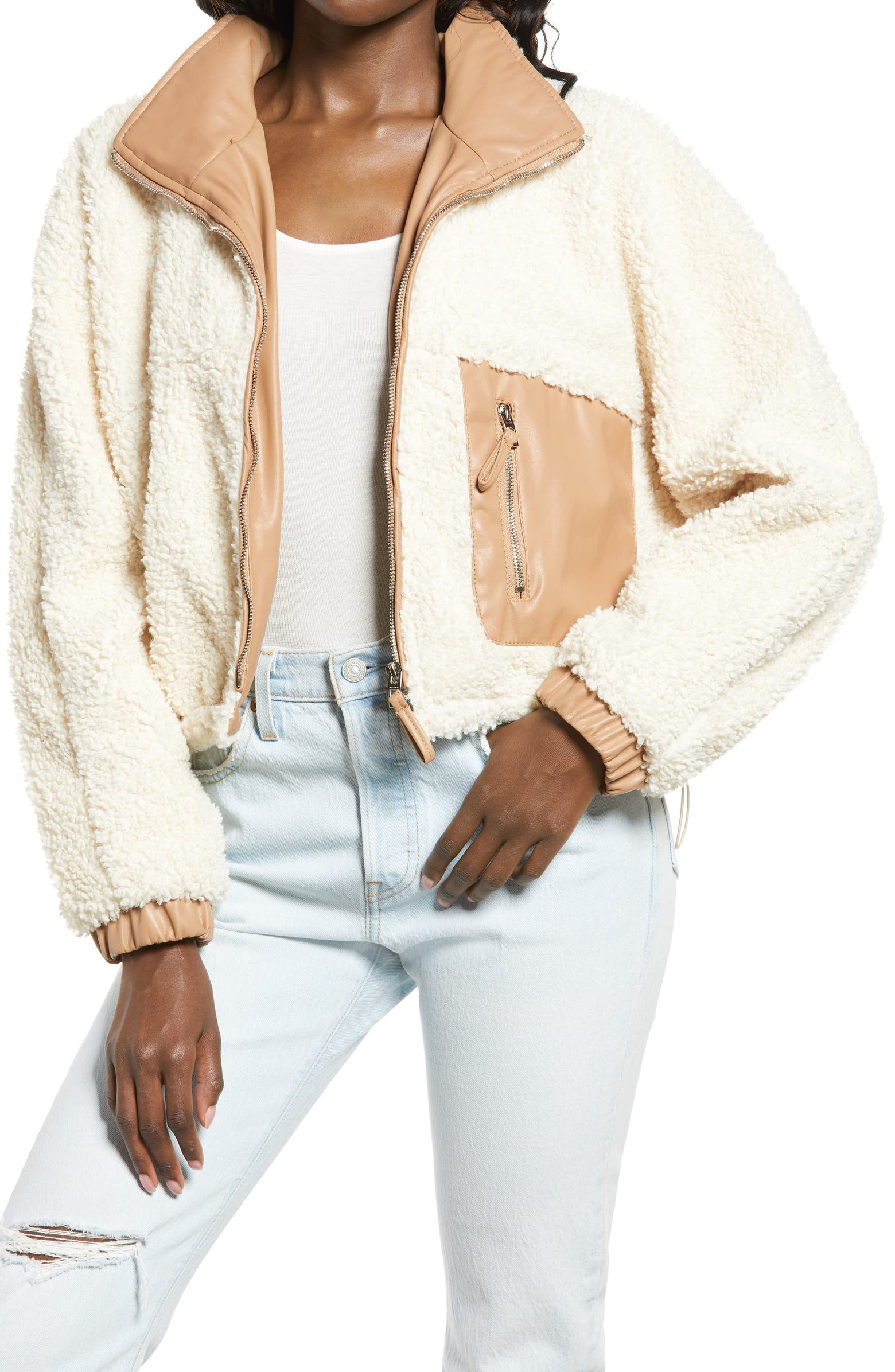 Faux Shearling with Faux Leather Trim Bomber Jacket | Nordstrom | Nordstrom