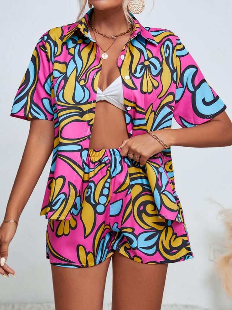Single Breasted Graphic Print Blouse And Shorts Set | SHEIN