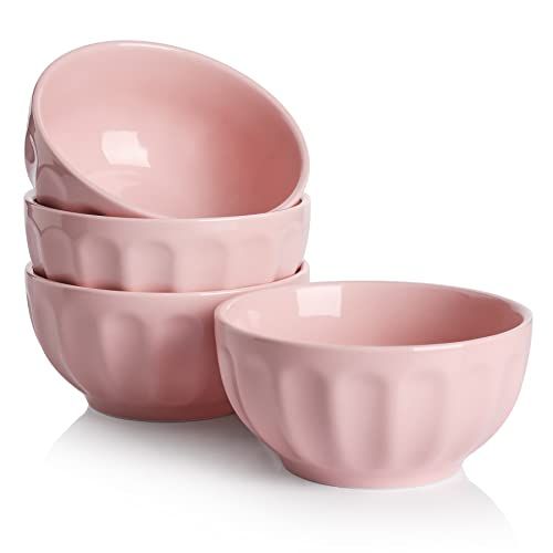 Sweese 106.408 Porcelain Fluted Bowls - 26 Ounce for Cereal, Soup and Fruit - Set of 4, Pink | Amazon (US)