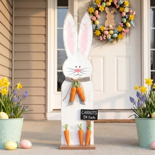 Novabright Easter Bunny Porch Decor Standing Wooden Rabbit Yard Sign with Carrot Bow Tie Mini Chalkboard Sign for Front Door Garden Farmhouse Spring Outdoor Indoor Easter Decoration 30.9 H | Amazon (US)