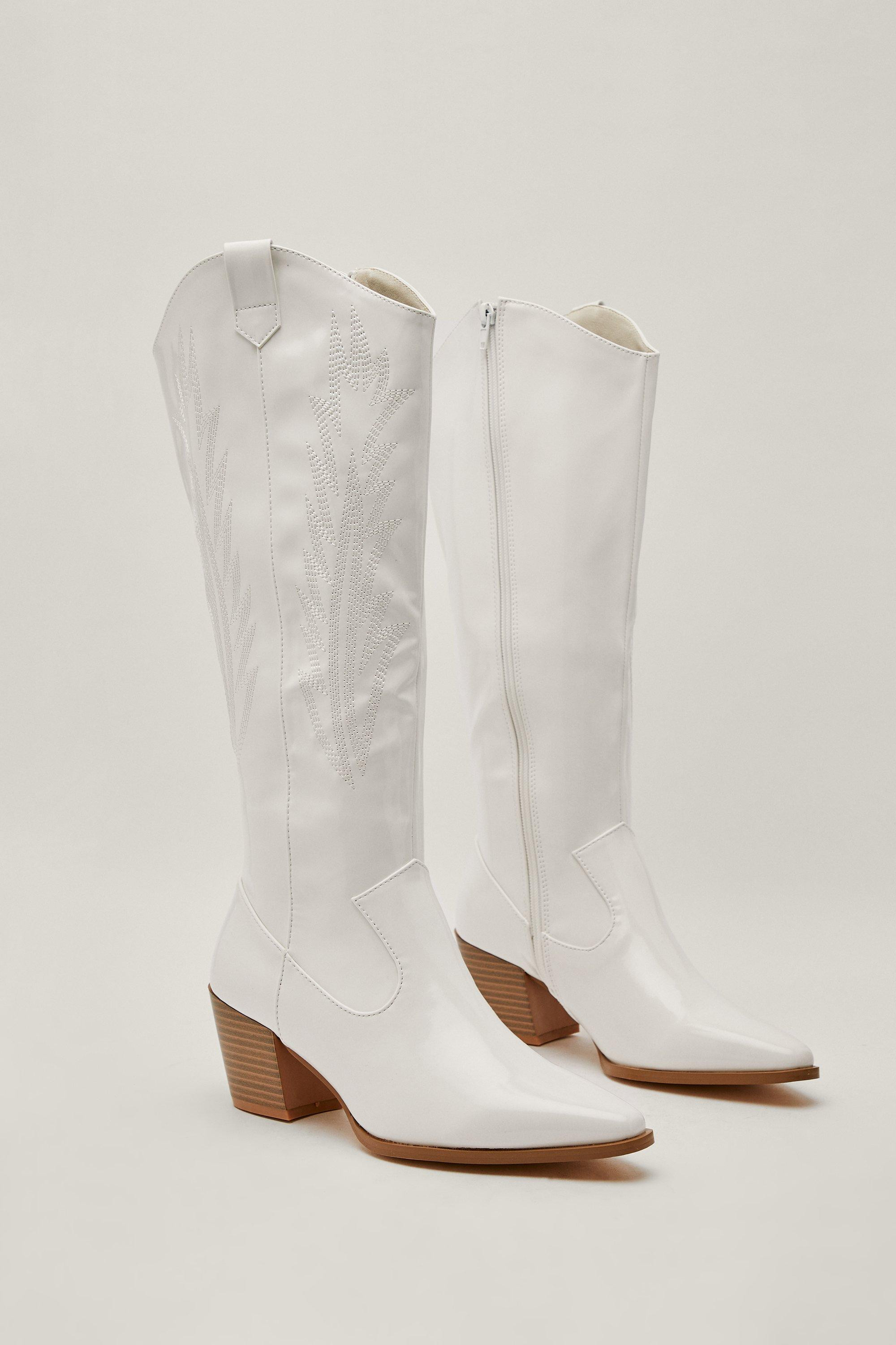 Womens Faux Leather Knee High Cowboy Boots - White - 5 | Nasty Gal (US)