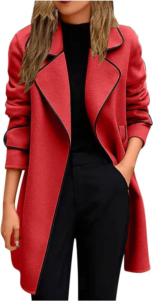 PVCS Mid Length Trench Coat for Women Double Breasted Belted Trench Coat Solid Color Outwear Winter  | Amazon (US)