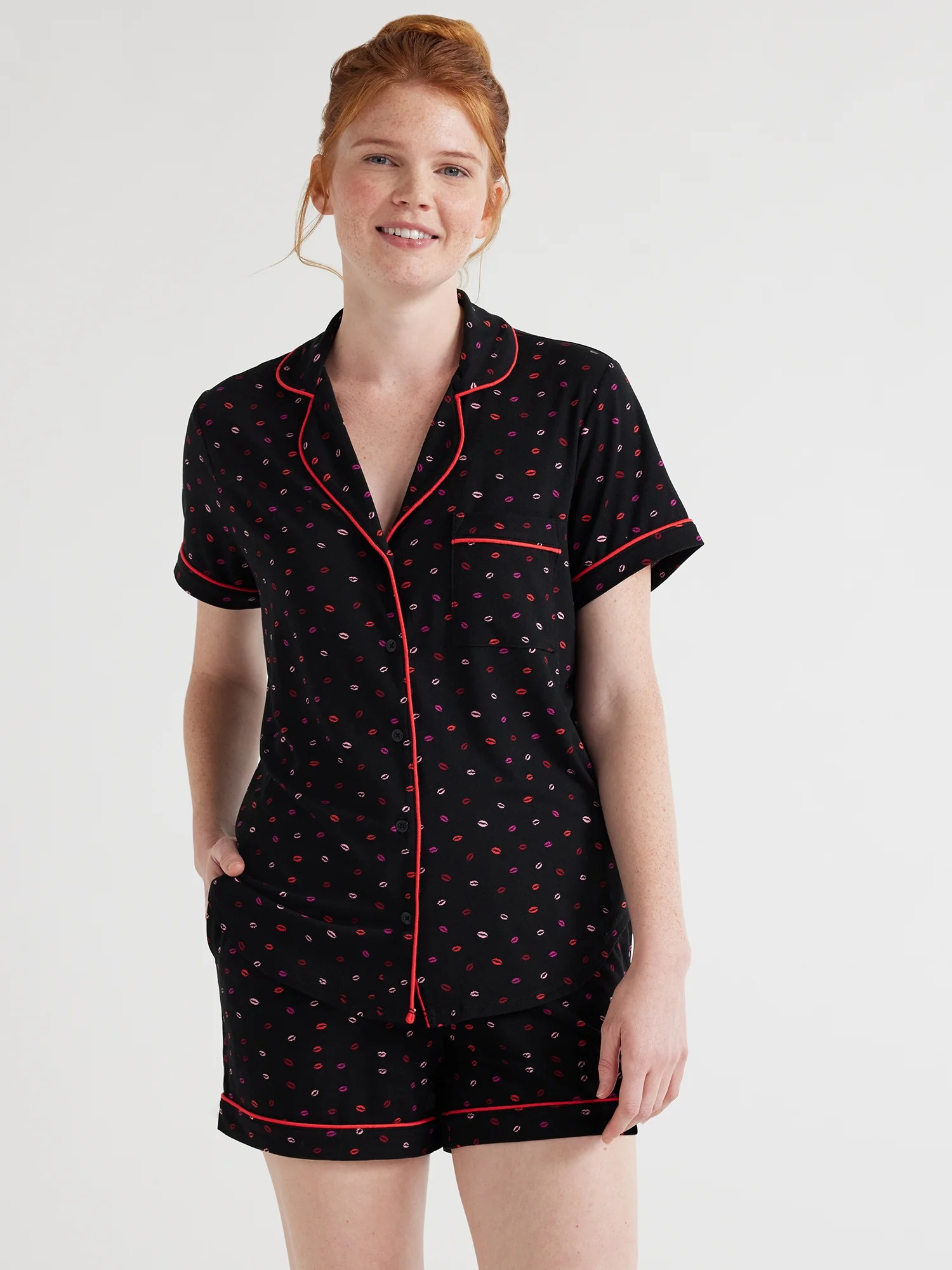 Joyspun Women’s Short Sleeve Notch Collar Top and Shorts Knit Pajama Set, 2-Piece, Sizes S to 3... | Walmart (US)