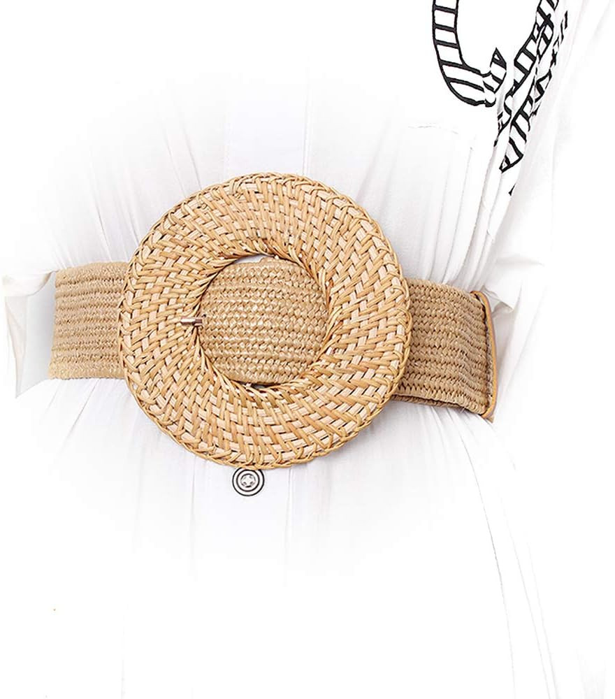 Wooden Buckle Dress Belt For Women Casual Female Braided Wide Strap Woven Girls Elastic PP Straw ... | Amazon (US)
