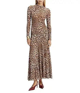 Bardot Leopard Print Mesh Long Sleeve Ruched Slit Maxi Dress - XS | Dillard's