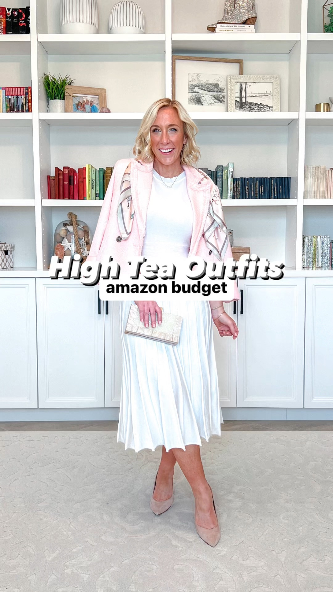 High Tea Outfits; on an Amazon budget-
1. Sleeveless pleated knit dress - size small. (I wore a slip underneath). Comes in other colors. 
2. Tweed cropped blazer - size medium, but needed a small. 
3. Pleated maxi skirt - size small. Not lined, so I definitely needed the slip I wore underneath.
4. Short sleeve tweed mini dress - size medium (I suggest sizing up bc the medium was just right in my shoulders & I did not have extra  much room for my hourglass hips).
• striped pajamas - size small.
• navy blazer - size medium.
• trench coat - size 4.
* my heels and belt are old.


#LTKfindsunder50 #LTKstyletip #LTKVideo